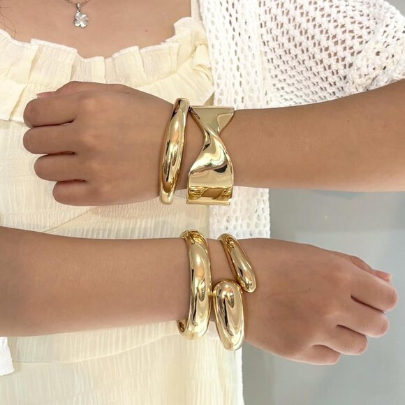 Women Chunky Bangle Bracelets Set Gold Wide Wrist Cuff Jewelry Gift - Picture 4 of 6